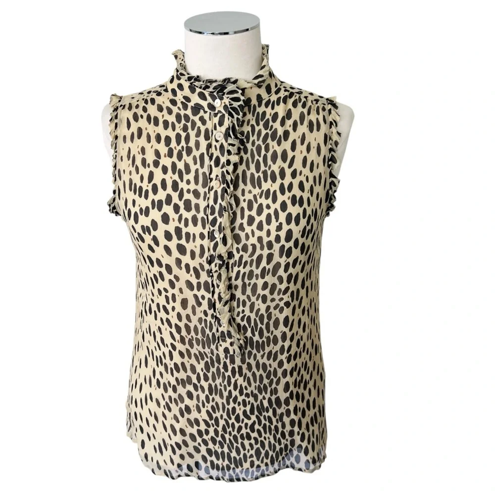 J. Crew Silk Leopard Animal Print Ruffle Blouse Cream Ivory Tan Black Sz 6 - Picture 12 of 17